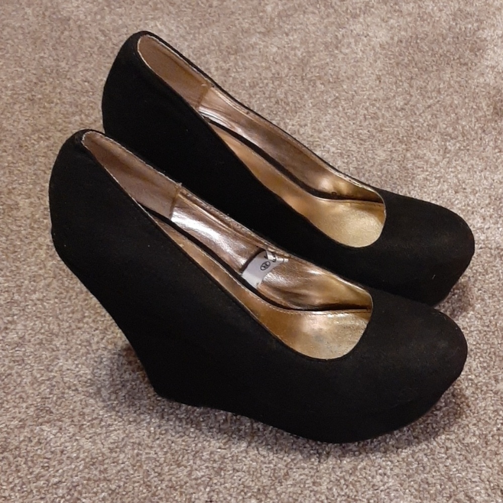 Black Suede Wedge Platform Heels